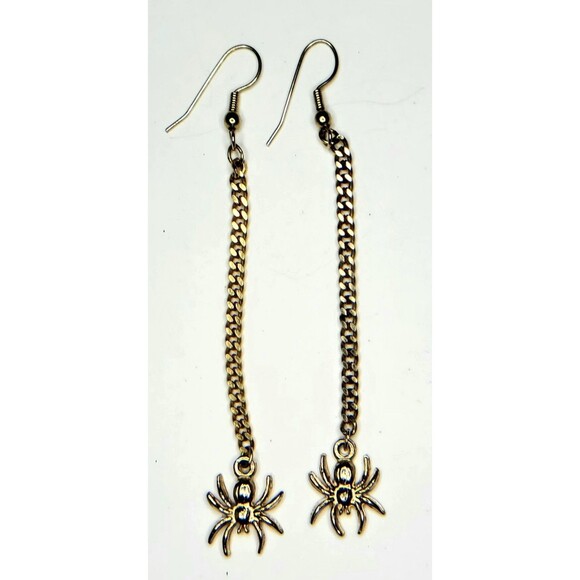 Gold Spider Drop Dangle Earrings 3.5" Unmarked Halloween Costume Jewelry Boho... - Picture 8 of 11